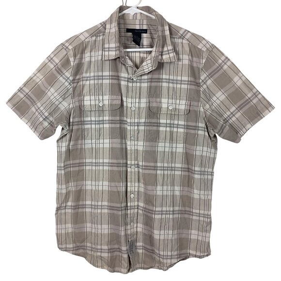Calvin Klein Jeans Mens Tan Plaid Short Sleeve Shirt L Casual Preppy Summer - Picture 1 of 5